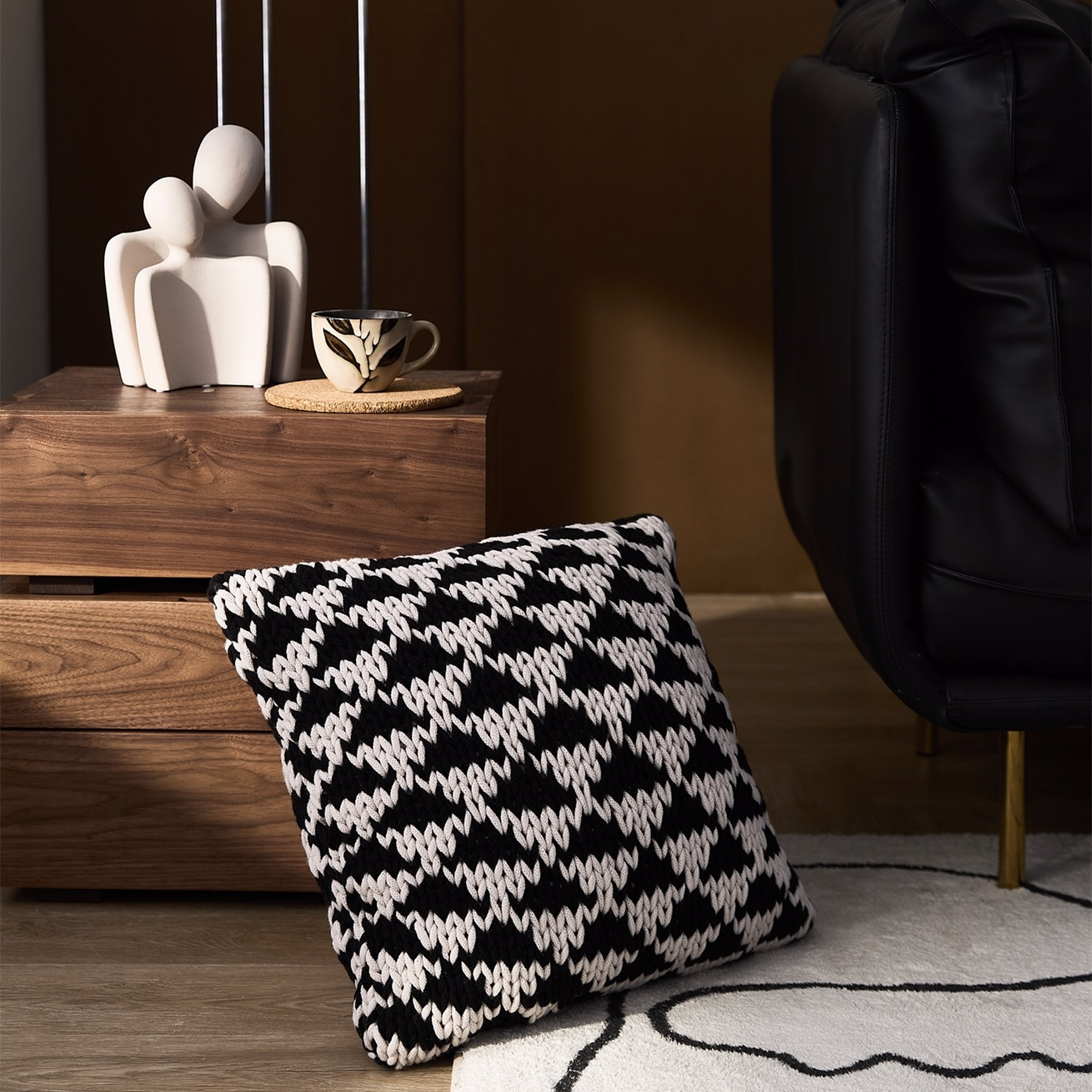 Black and White Handwoven Square Knit Decorative Throw Pillow