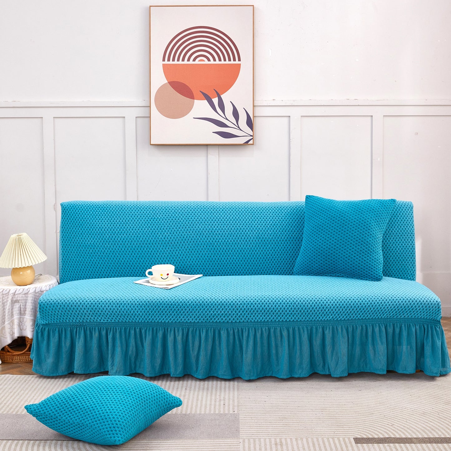 Soft Armless Sofa Slipcover with Skirt Stretch Futon Sofa Cover