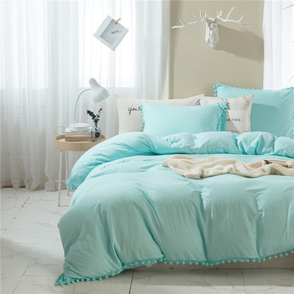 Washed Cotton Solid Color Duvet Cover Set with Ball Fringe 3 Pcs