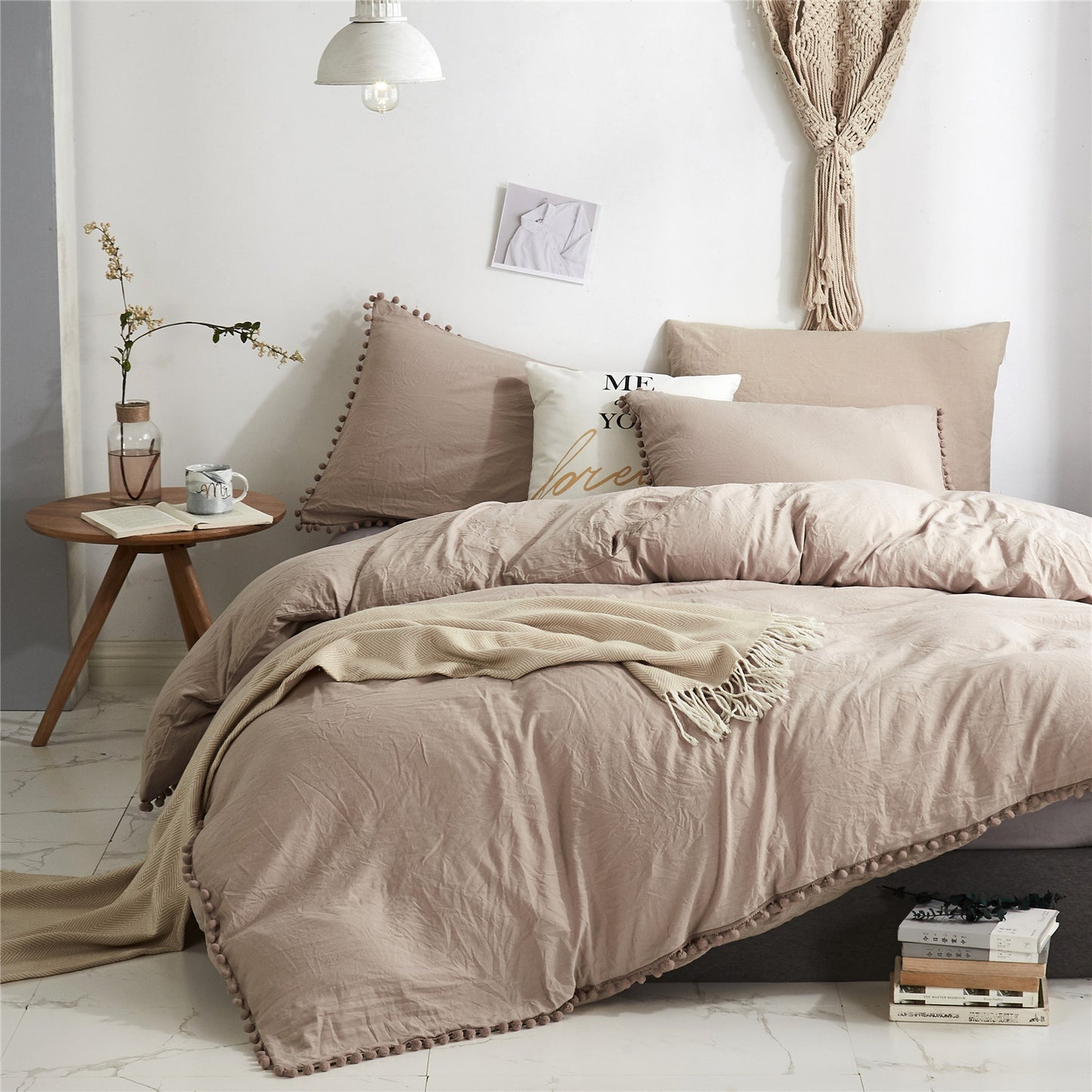 Washed Cotton Solid Color Duvet Cover Set with Ball Fringe 3 Pcs