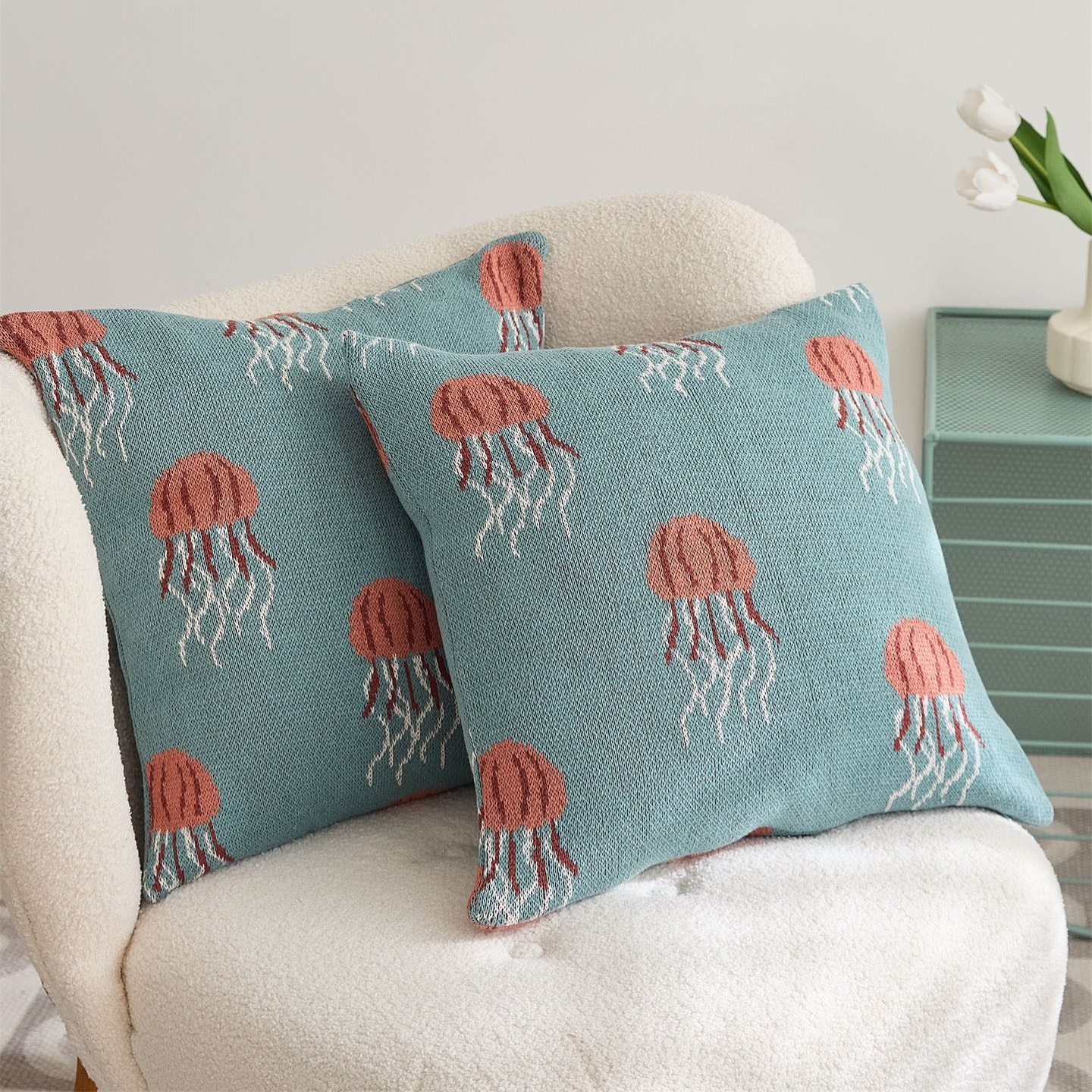 Cartoon Jellyfish Pattern 100% Cotton Knitted Decorative Pillow Cover