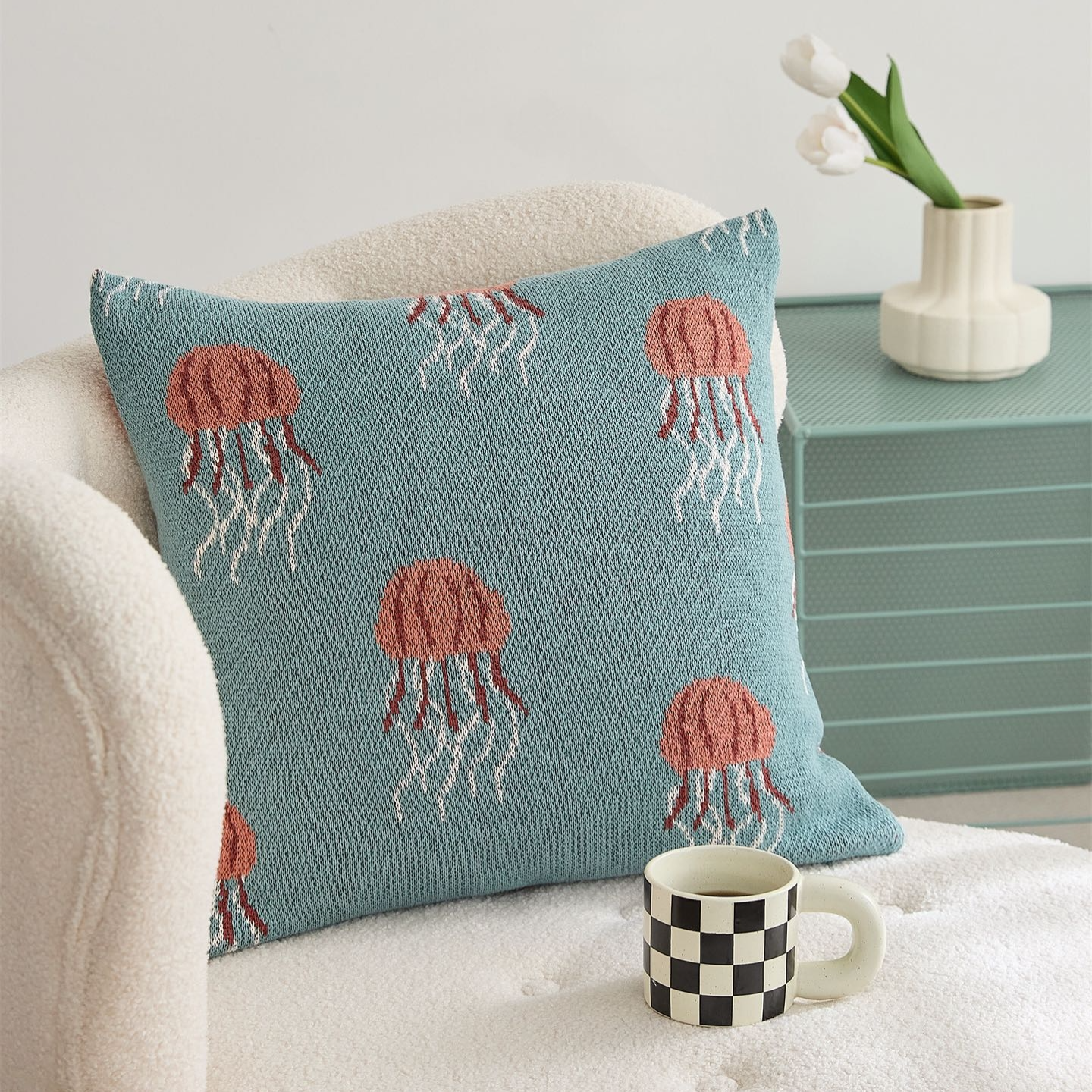 Cartoon Jellyfish Pattern 100% Cotton Knitted Decorative Pillow Cover