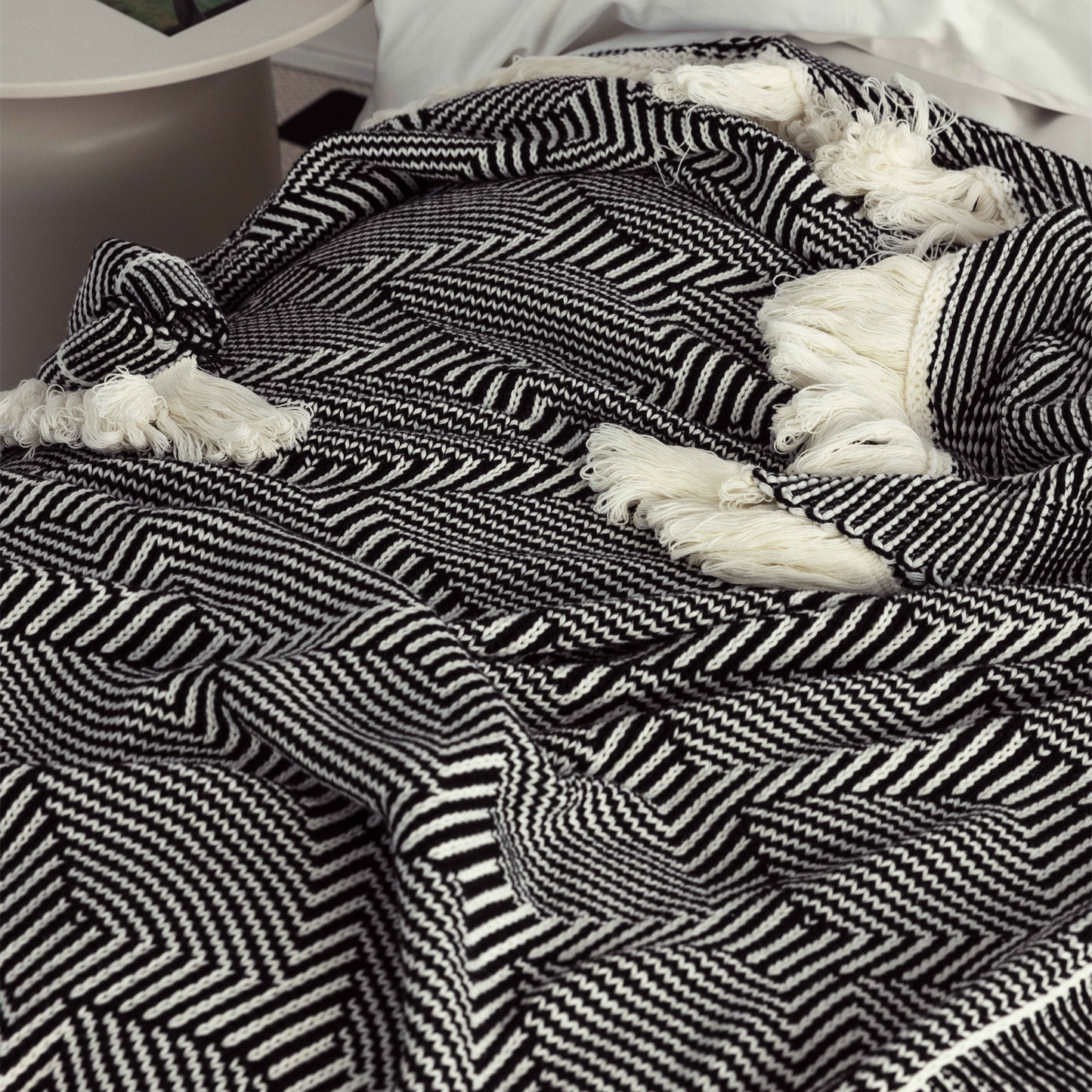 Classic Black And White Cotton Acrylic Blend Throw Blanket with Tassels