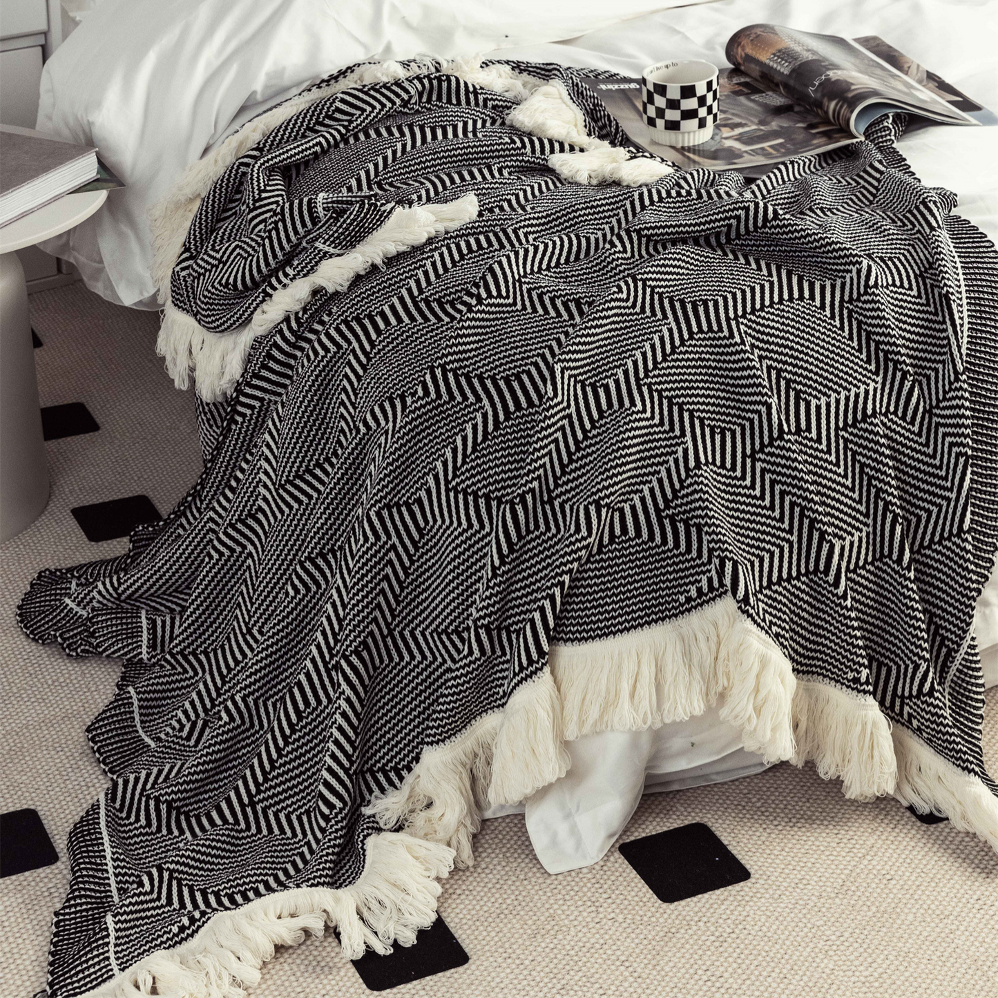 Classic Black And White Cotton Acrylic Blend Throw Blanket with Tassels