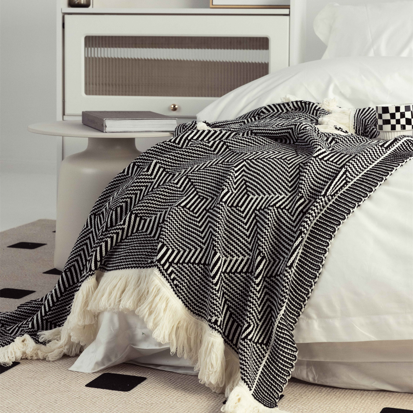 Classic Black And White Cotton Acrylic Blend Throw Blanket with Tassels