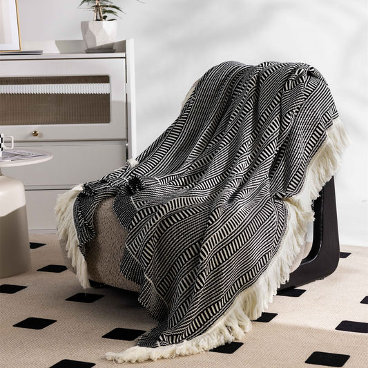 Fashion Cotton Blend Knitted Throw Blanket With Handmade Tassels