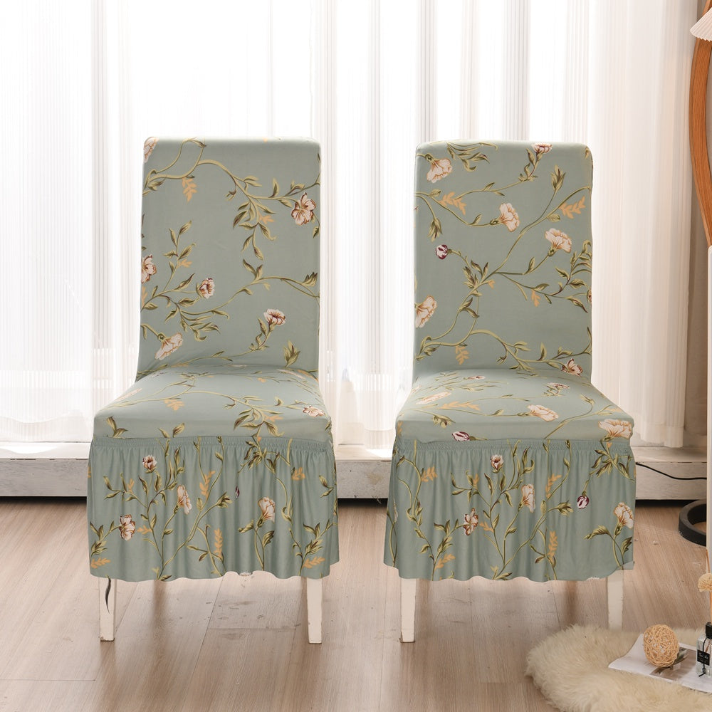 Floral Leaf Print Stretch Dining Chair Cover with Pleated Skirt Set of 2