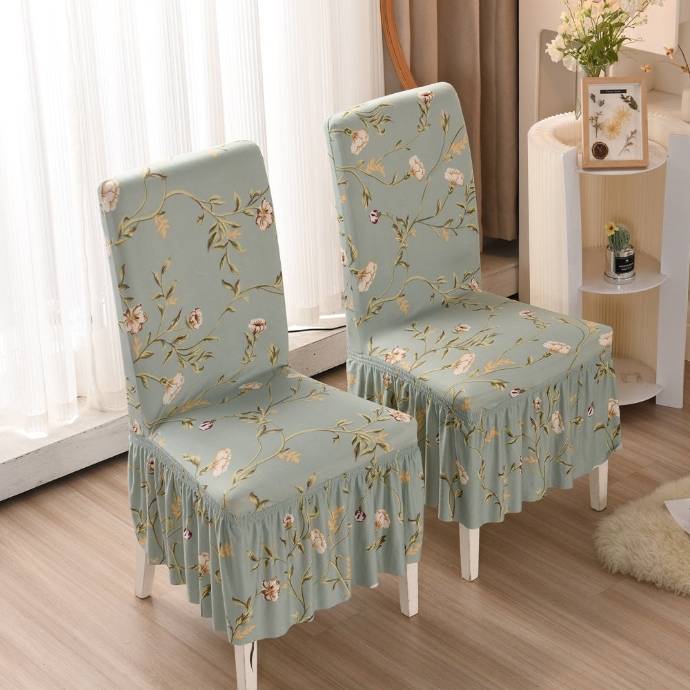 Floral Leaf Print Stretch Dining Chair Cover with Pleated Skirt Set of 2