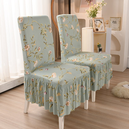 Floral Leaf Print Stretch Dining Chair Cover with Pleated Skirt Set of 2