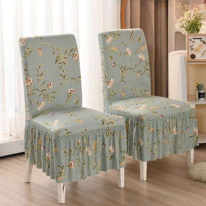 Floral Leaf Print Stretch Dining Chair Cover with Pleated Skirt Set of 2