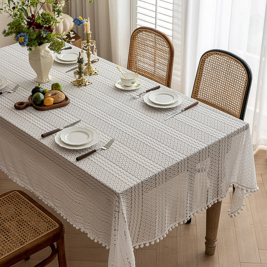 French Hollow Design White Mesh Gauze Tablecloth with Tassel Edged