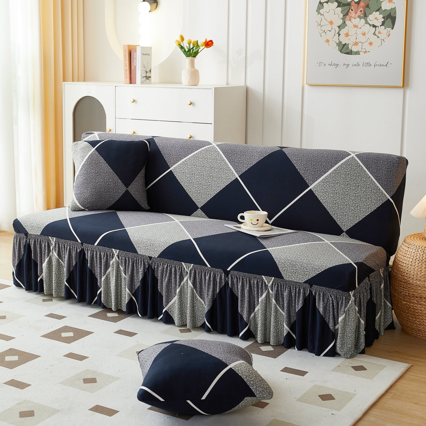 Geometric Pattern Futon Sofa Cover Stretch Armless Sofa Slipcover with Skirt