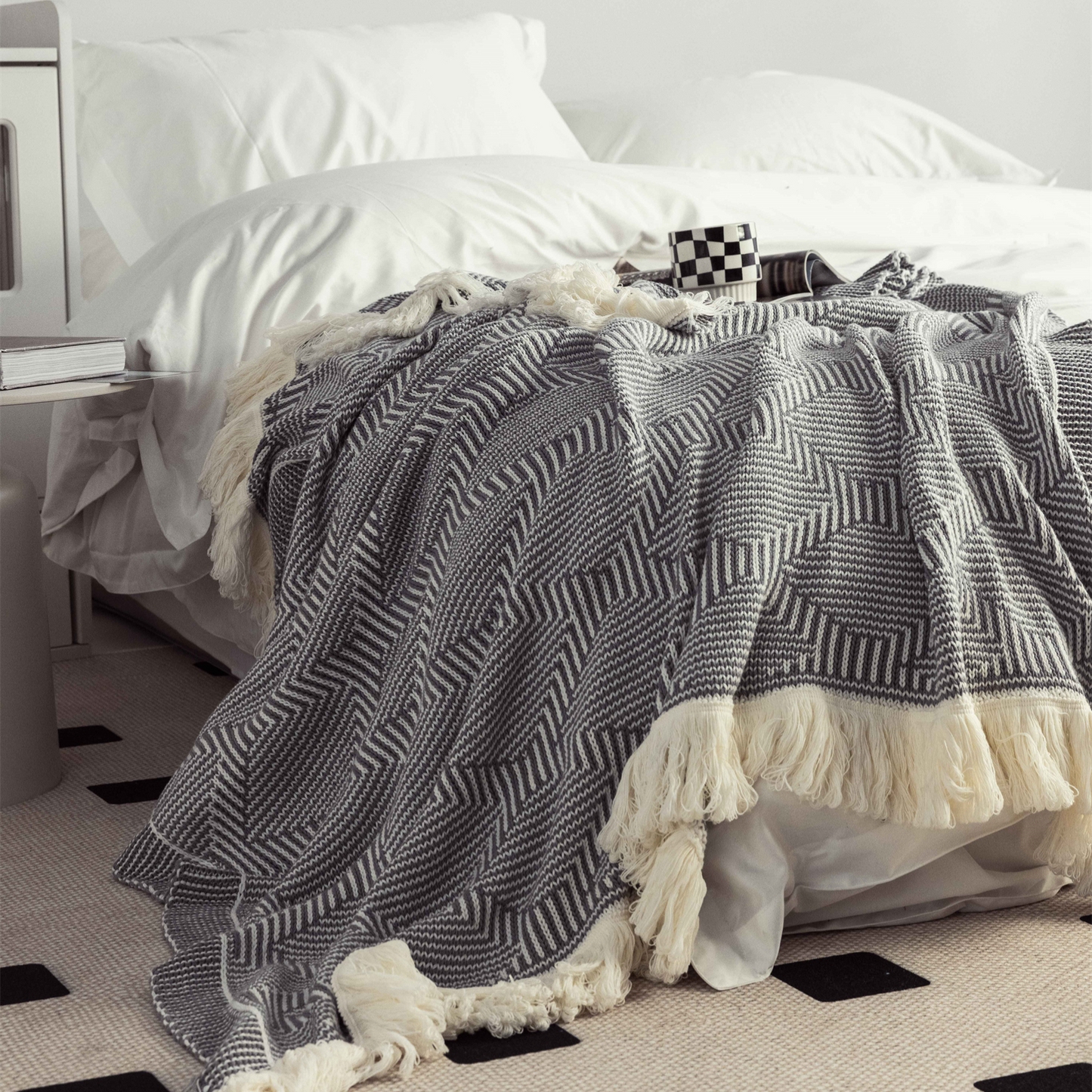 Classic Black And White Cotton Acrylic Blend Throw Blanket with Tassels