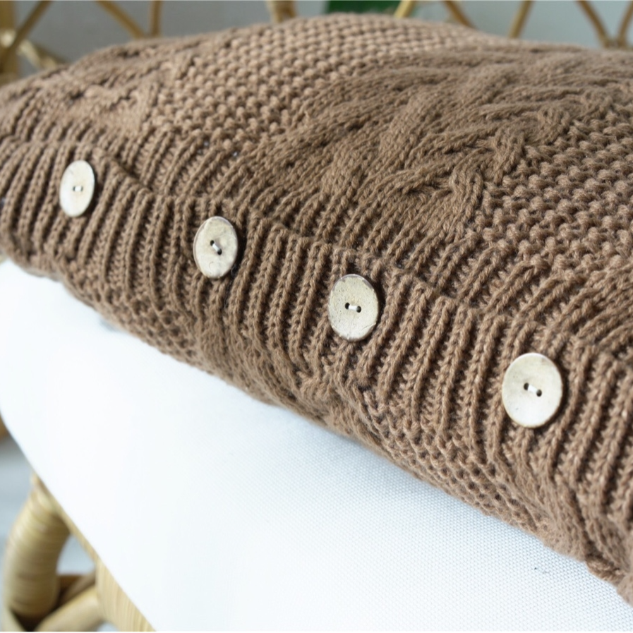 Hand Knitted Decorative Lumbar Throw Pillow with Buttons