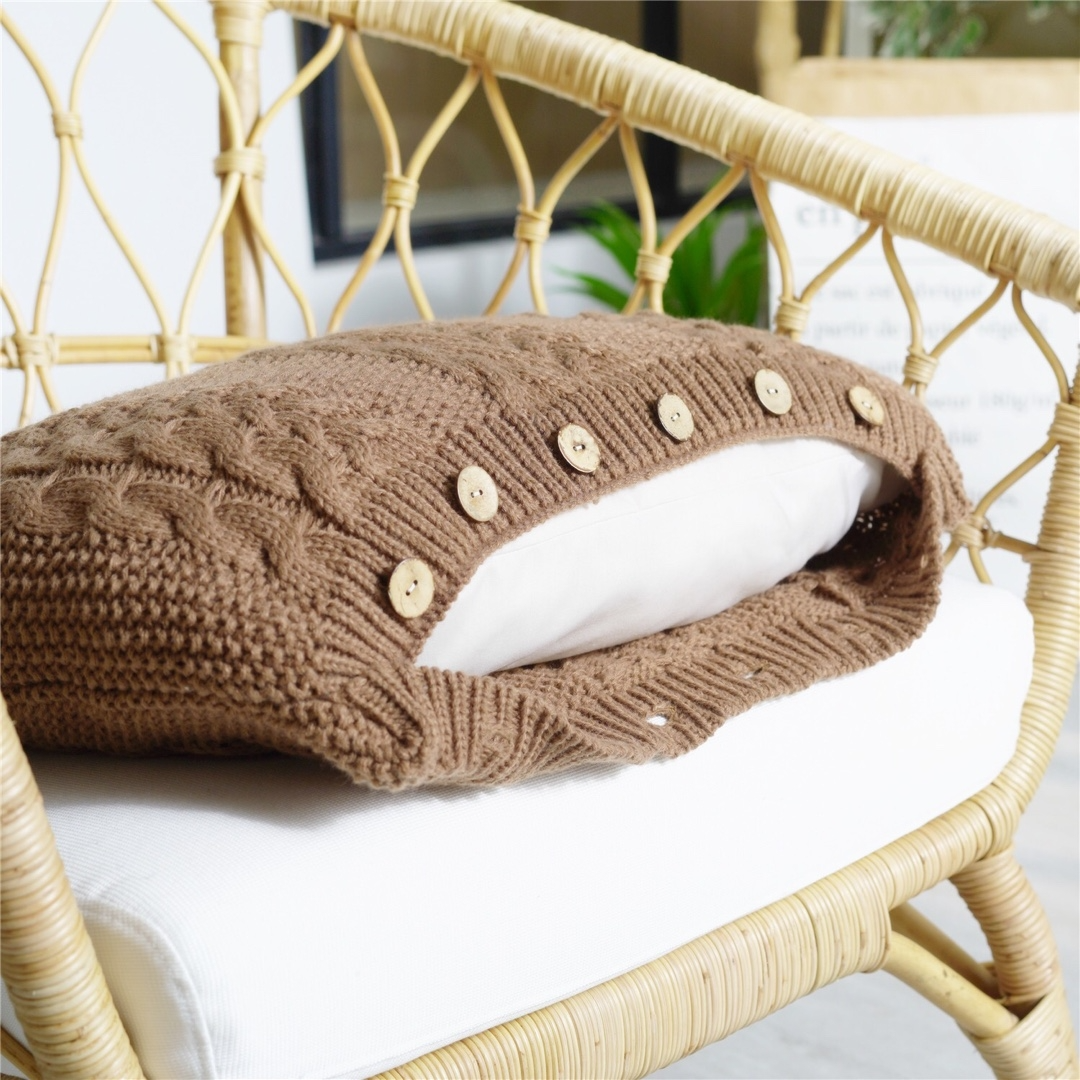 Hand Knitted Decorative Lumbar Throw Pillow with Buttons