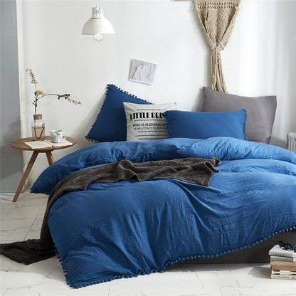 Washed Cotton Solid Color Duvet Cover Set with Ball Fringe 3 Pcs