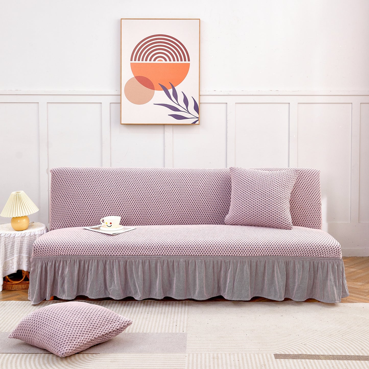 Soft Armless Sofa Slipcover with Skirt Stretch Futon Sofa Cover