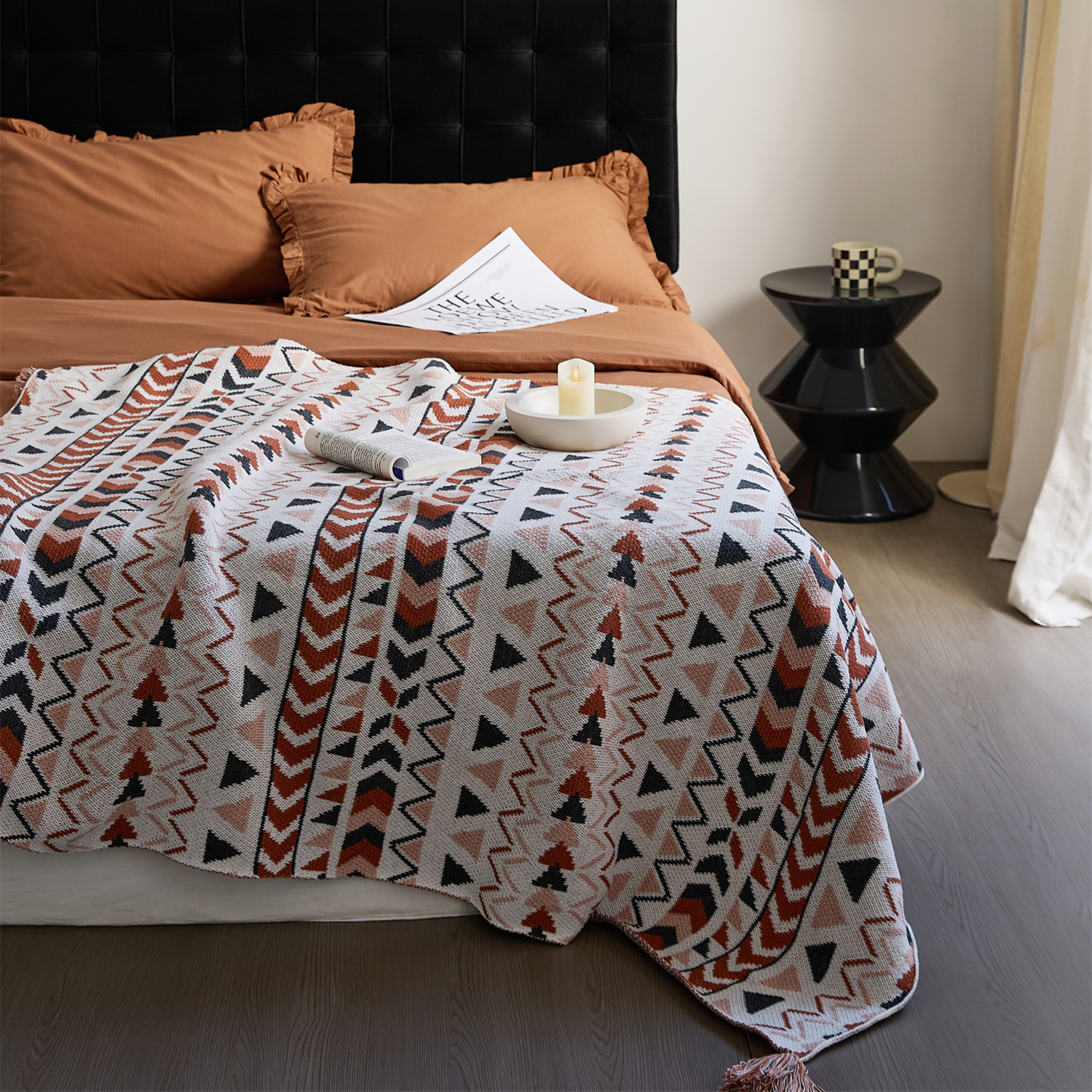 Geometric Pattern 100% Acrylic Decorative Knitted Throw Blanket with Tassels