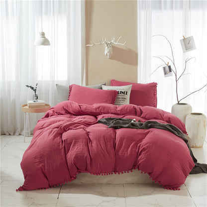 Washed Cotton Solid Color Duvet Cover Set with Ball Fringe 3 Pcs