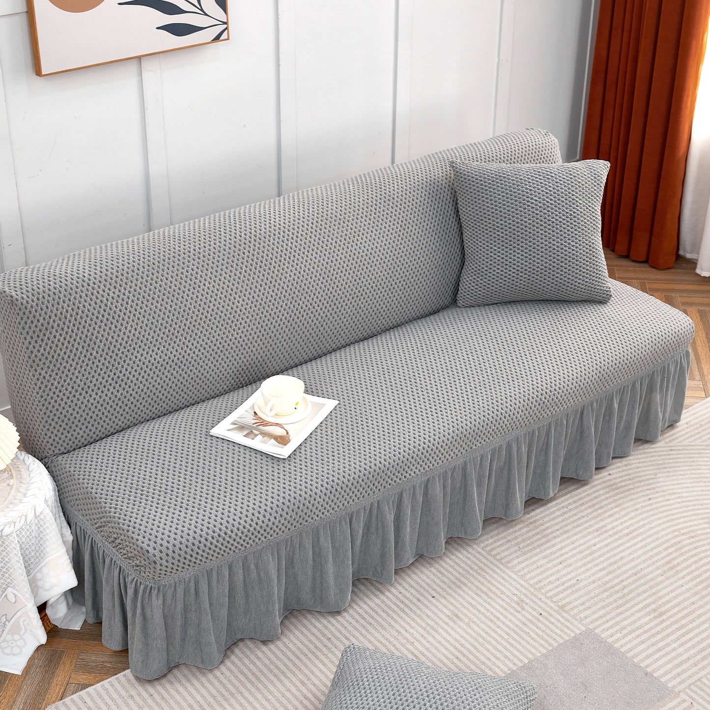 Soft Armless Sofa Slipcover with Skirt Stretch Futon Sofa Cover