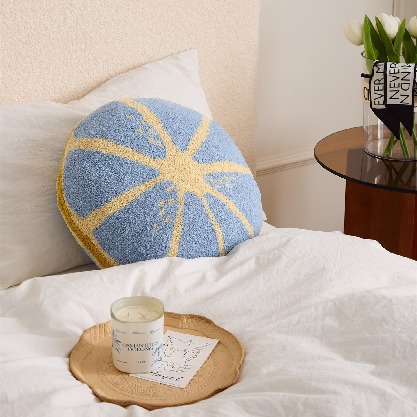 Soft Cozy Lemon Slice Pattern Round Decorative Throw Pillow