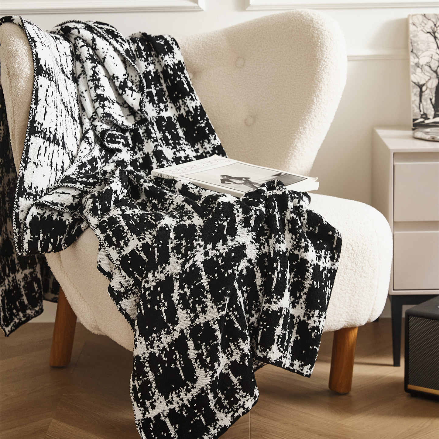 Soft Wool Blend Black and White Throw Blanket