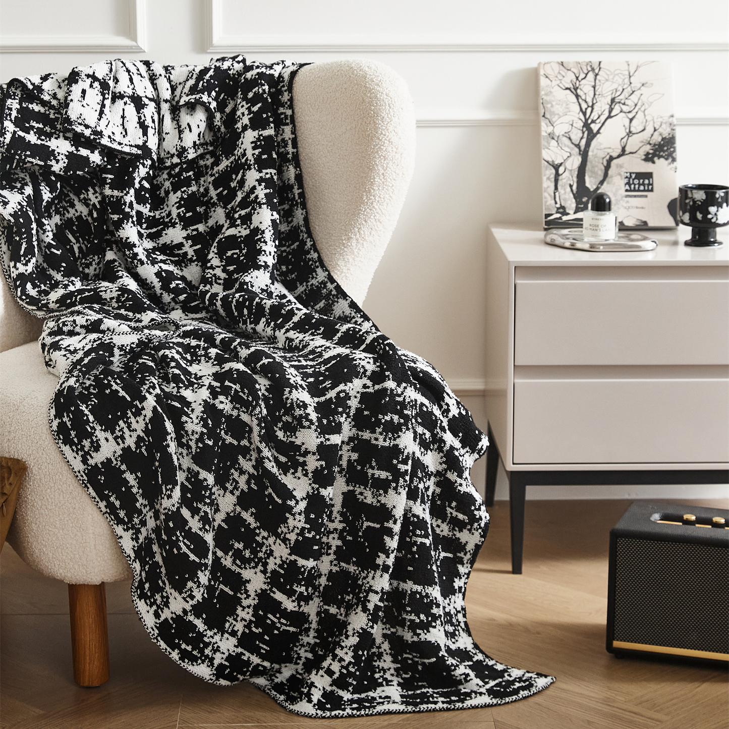 Soft Wool Blend Black and White Throw Blanket