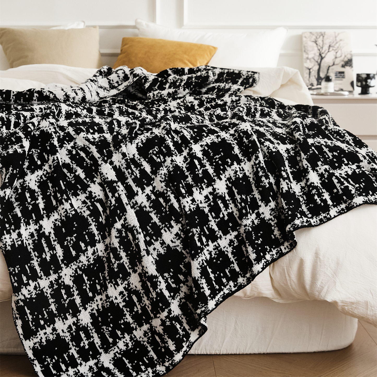 Soft Wool Blend Black and White Throw Blanket