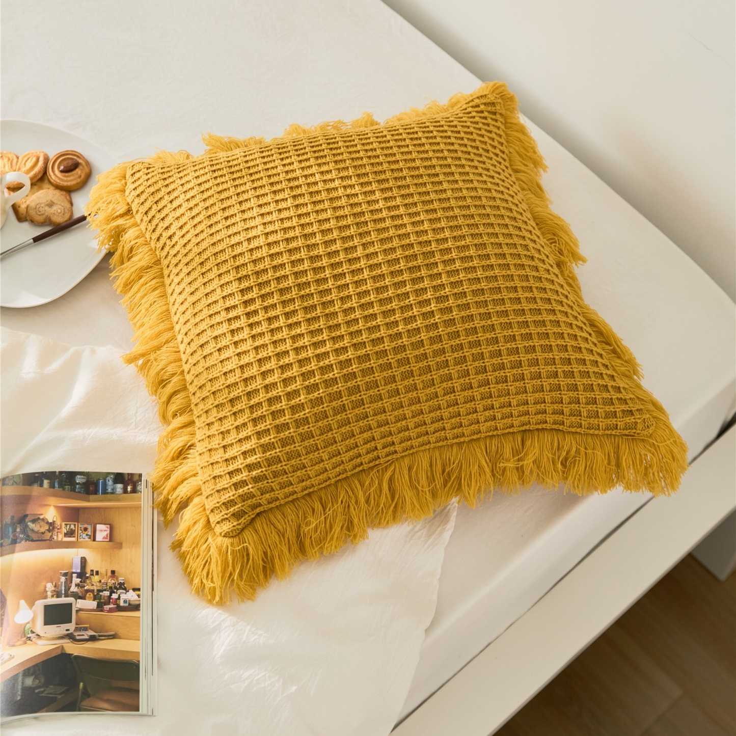 Waffle Weave Knit Decorative Throw Pillow Cover with Tassel