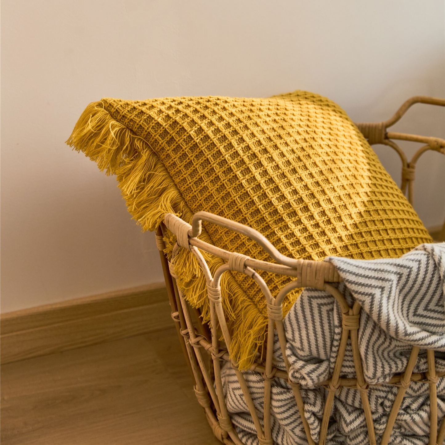 Waffle Weave Knit Decorative Throw Pillow Cover with Tassel