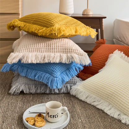 Waffle Weave Knit Decorative Throw Pillow Cover with Tassel