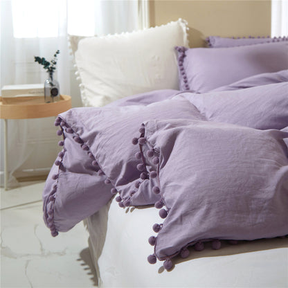 Washed Cotton Solid Color Duvet Cover Set with Ball Fringe 3 Pcs