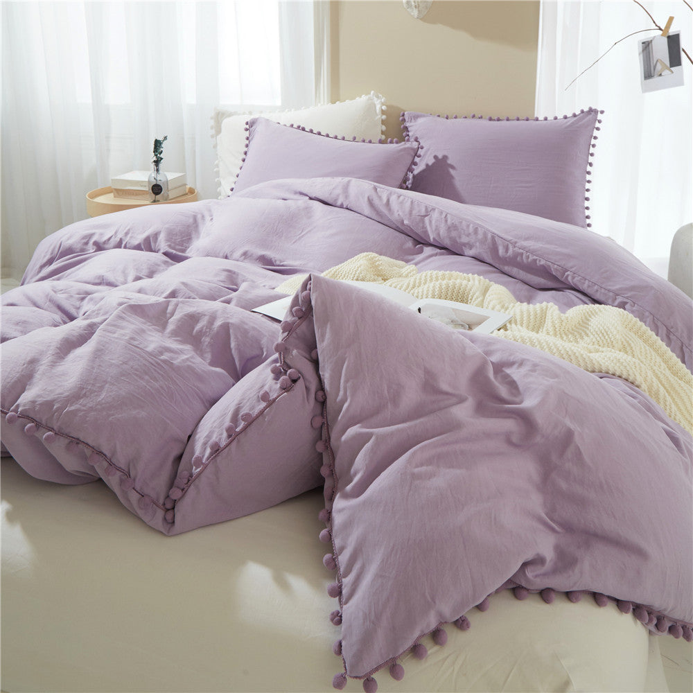 Washed Cotton Solid Color Duvet Cover Set with Ball Fringe 3 Pcs