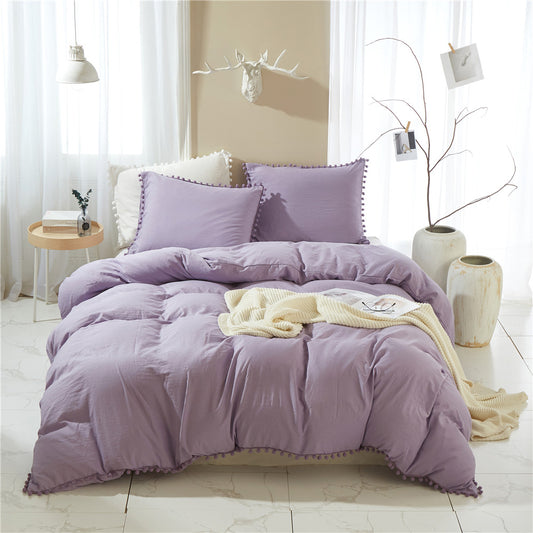 Washed Cotton Solid Color Duvet Cover Set with Ball Fringe 3 Pcs