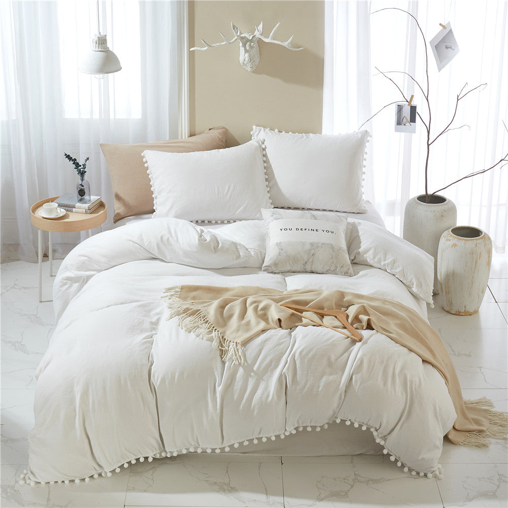 Washed Cotton Solid Color Duvet Cover Set with Ball Fringe 3 Pcs