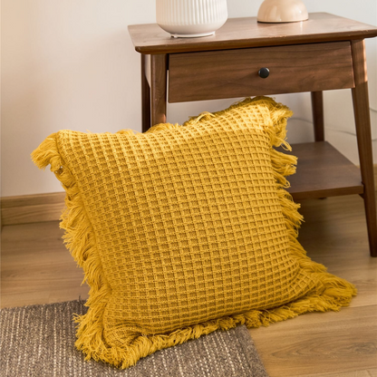 Waffle Weave Knit Decorative Throw Pillow Cover with Tassel